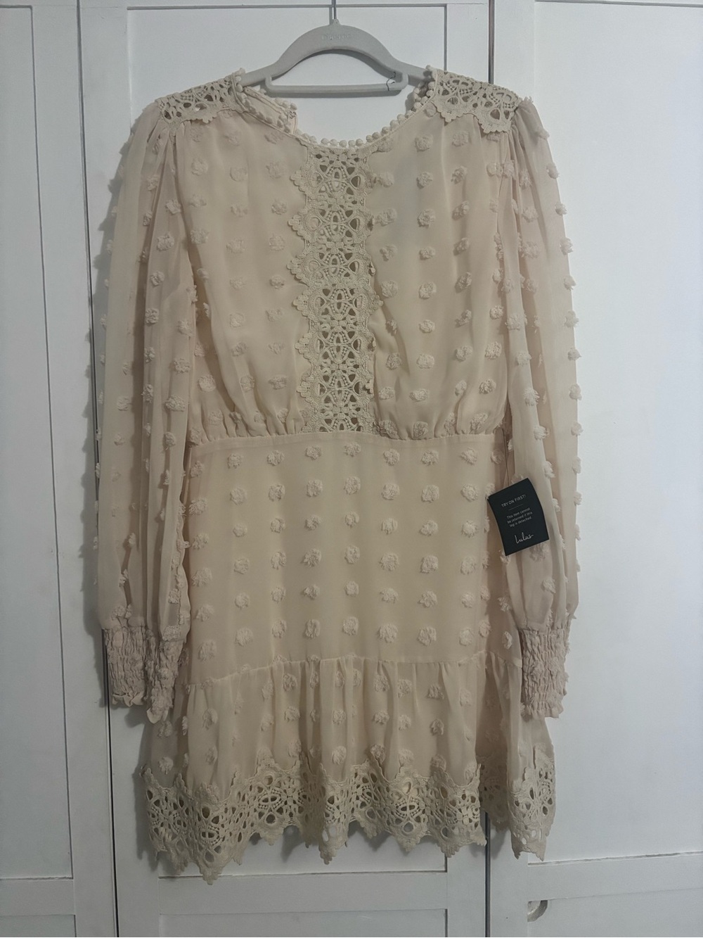 Lulu's Cream Crochet-Trim Long Sleeve Mini Dress